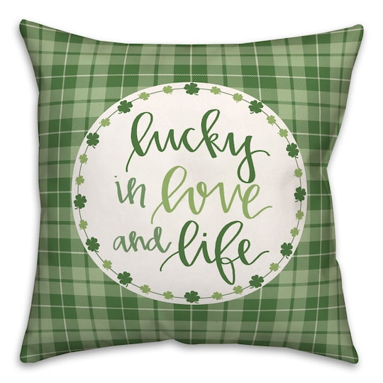 Luck, Love &#x26; Life Plaid Clover Wreath Throw Pillow